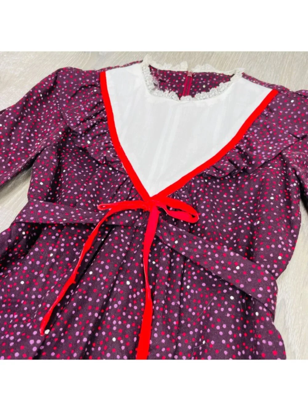 Vintage 70s 80s Girls Polka Dot Cottagecore Long Sleeve Prairie Dress 6 - 7